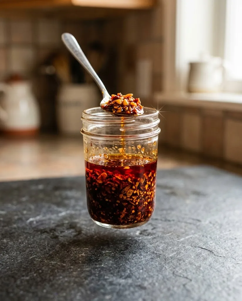 Small clear glass jar of homemade chili crisp on dark stone counter with stainless spoon