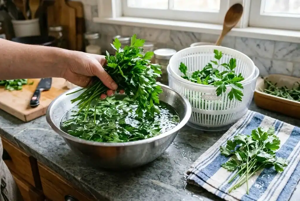 Washing a lush bunch of flat-leaf parsley in cold water and drying sprigs on a kitchen towel