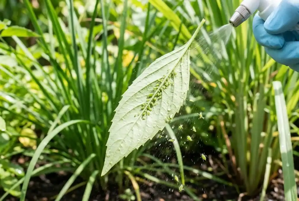 A close-up of a Thai basil leaf with a few small aphids being washed off by a hand-held water sprayer in a tropical garden