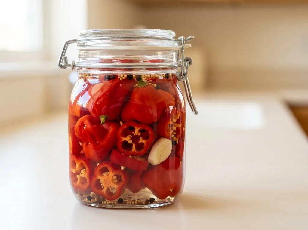 Glass canning jar filled with whole and sliced pickled red Bishop's Crown peppers in seasoned vinegar brine