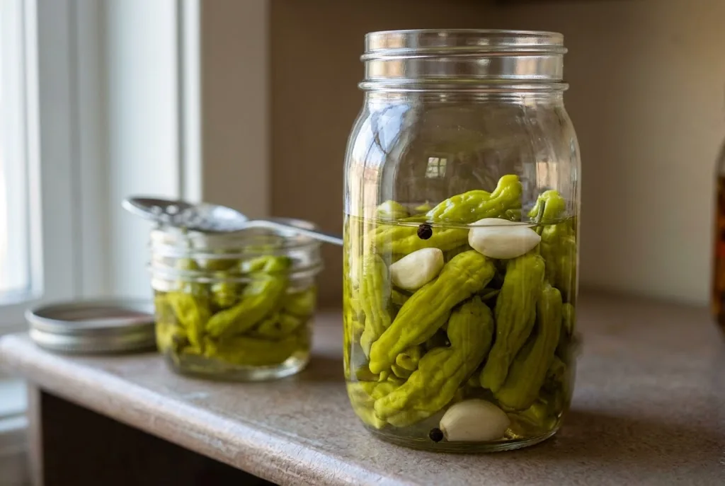 A clear glass jar of pickled green shishito peppers in vinegar brine with garlic cloves