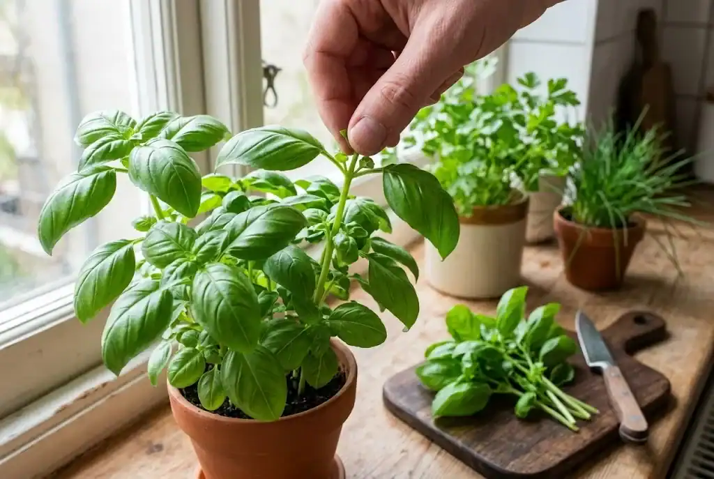 Fingers pinching the top of a sweet basil stem above a leaf pair, with cut stems on a cutting board