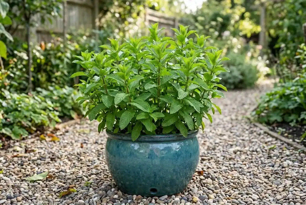 Vigorous spearmint plant contained in a dedicated standalone glazed pot on garden gravel