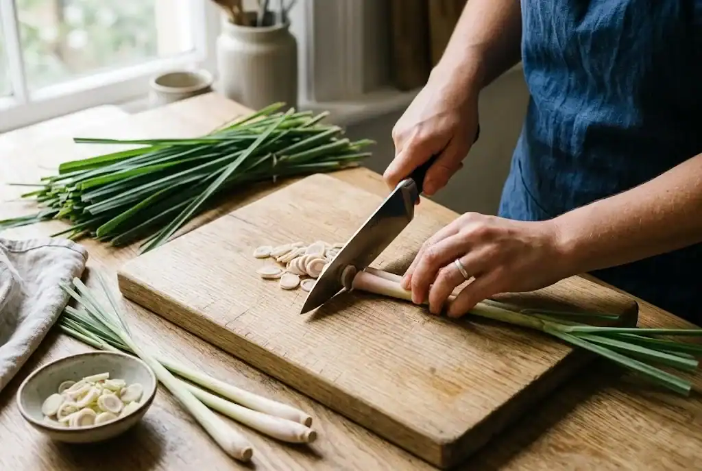 Cook slicing the tender pale base of a lemongrass piece into thin coins on a cutting board