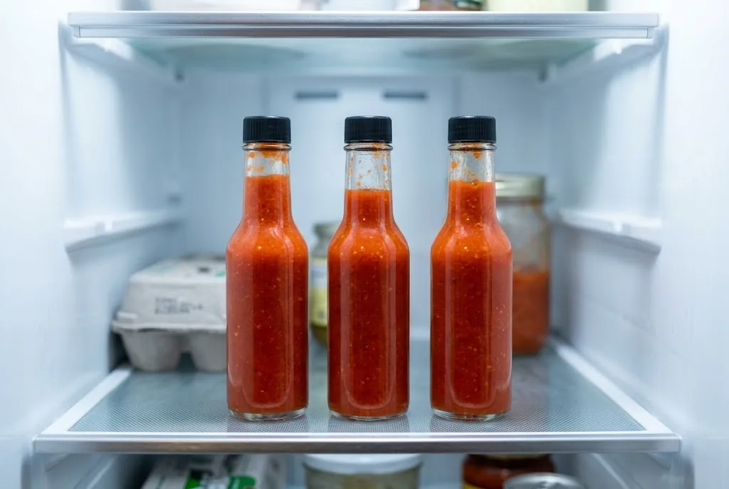 Capped bottles of finished red-orange fermented hot sauce on a refrigerator shelf