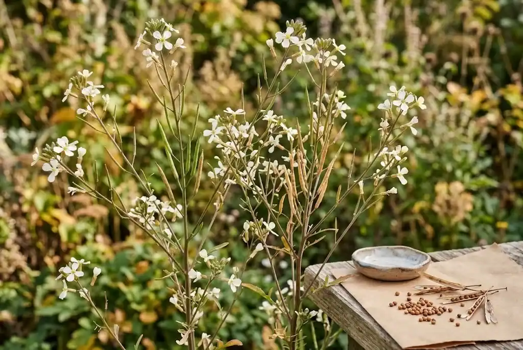 Two bolted rocket Eruca sativa plants carrying small four-petalled white flowers and slender ripening seed pods, with a few dried pods tipped onto brown paper showing small round tan seeds