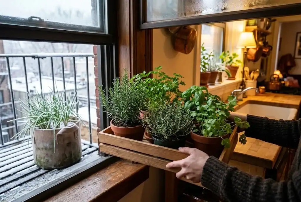 A wooden tray carrying potted rosemary, parsley, thyme, basil and cilantro being carried through a kitchen window from a frost-touched fire escape.