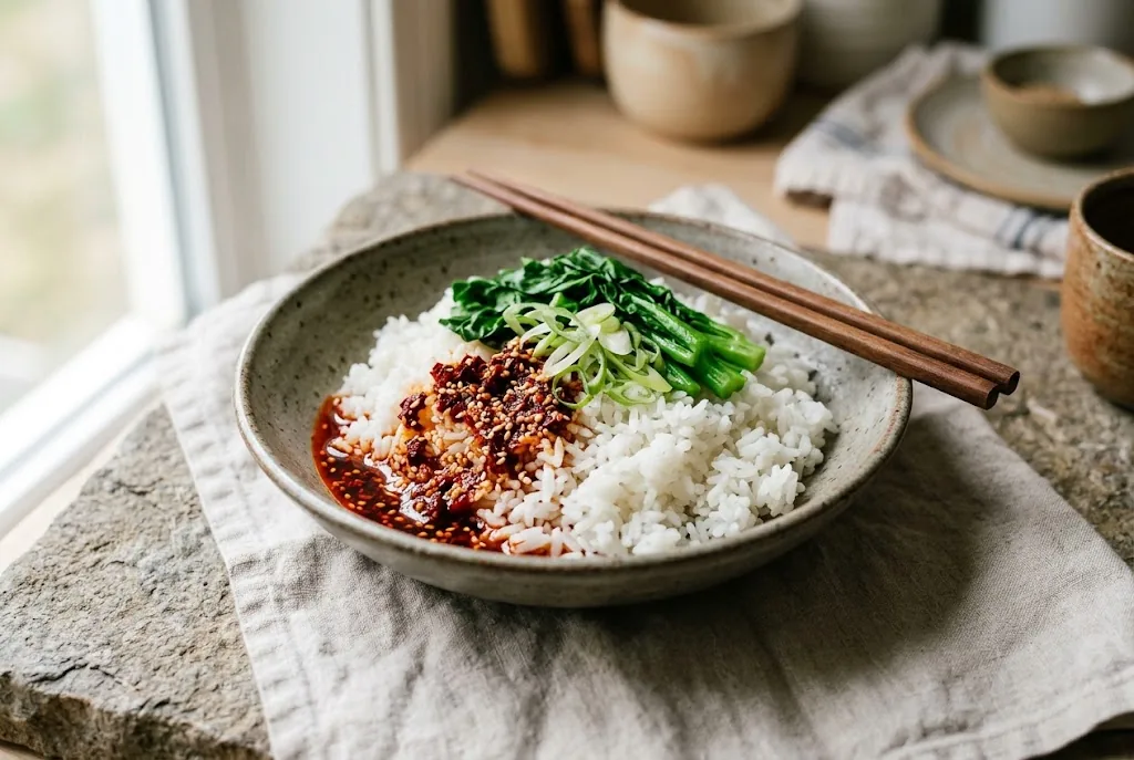 Shallow ceramic bowl of cooked white rice topped with blanched greens sliced scallion and a generous spoon of homemade red chili oil pooling at one side on a stone surface with wooden chopsticks resting across