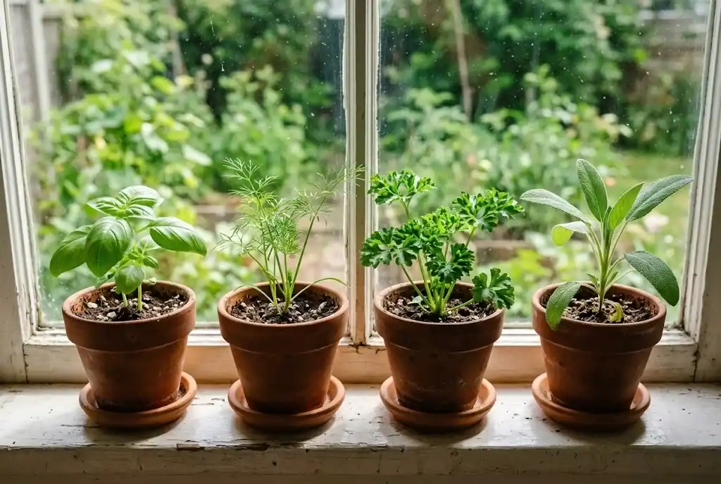 Four small terracotta pots of sprouted culinary herbs growing vigorously on a sunny windowsill