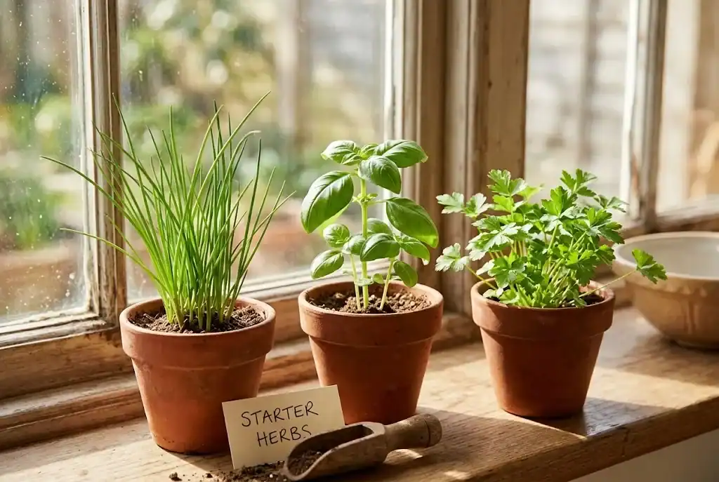 Three terracotta pots on a sunny kitchen windowsill showing chive, basil, and parsley seedlings in active growth under morning light.