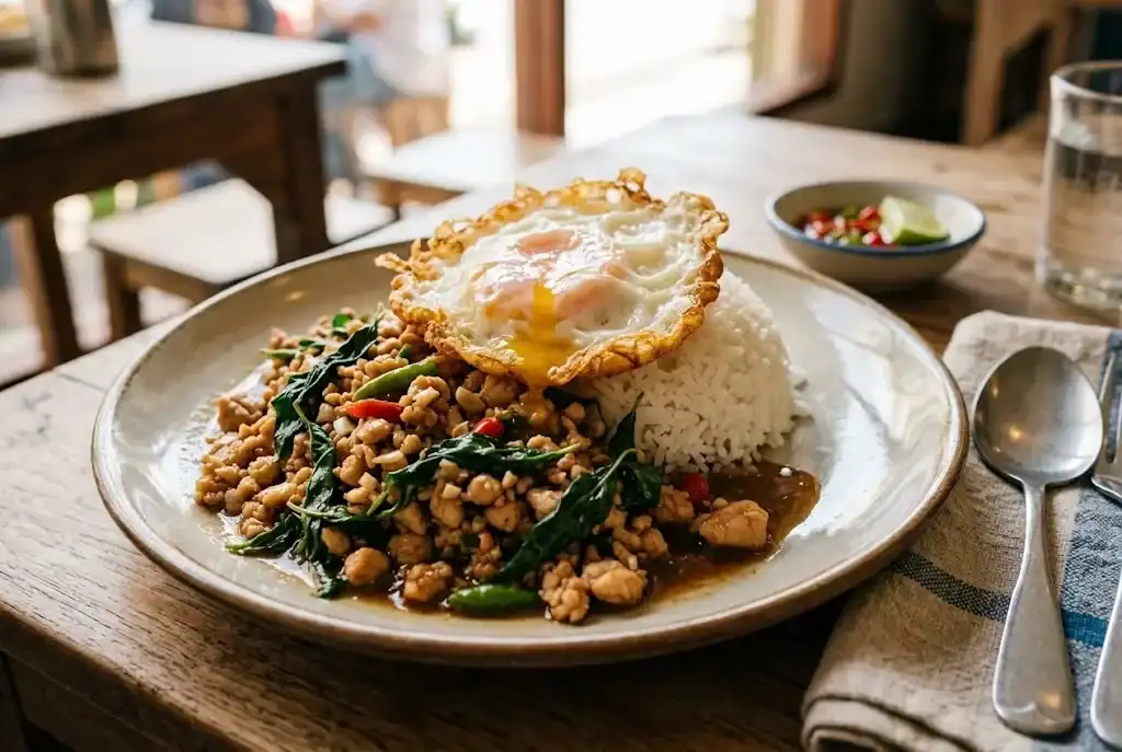 A plate of Thai basil chicken stir-fry over jasmine rice topped with a crispy fried egg