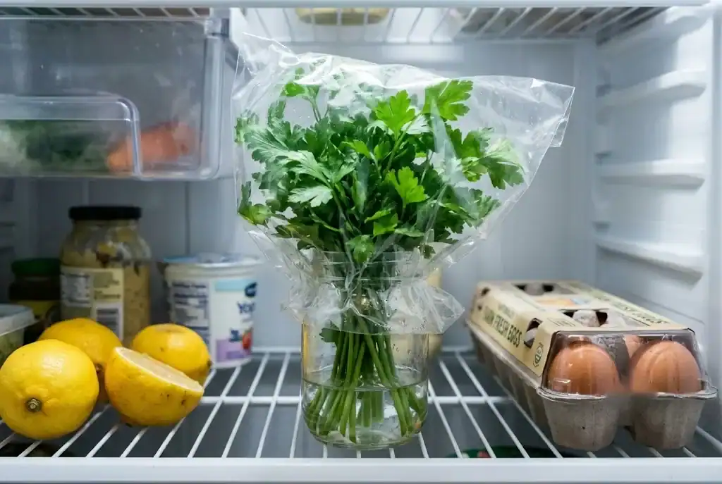 A bunch of flat-leaf parsley standing in a jar of water on a refrigerator shelf