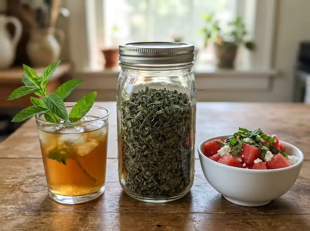 A jar of dried spearmint beside a glass of iced tea with a fresh sprig and a bowl of watermelon feta salad