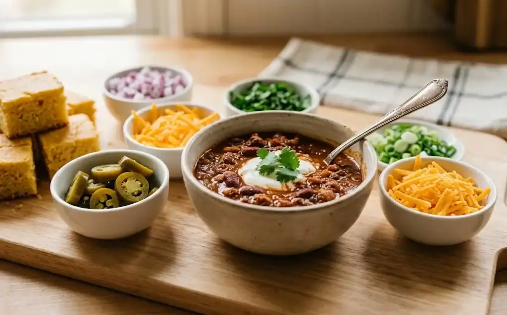 A chili toppings bar with sour cream, cheddar cheese, pickled jalapenos, red onion, cilantro, and green onion in small bowls