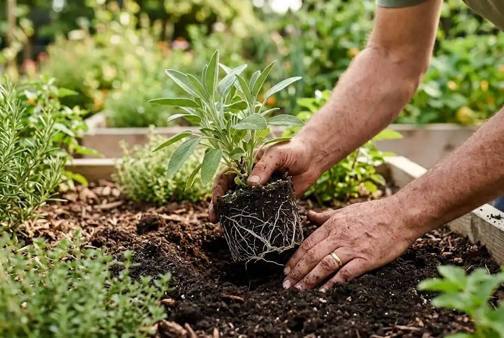 Hands carefully planting a sturdy young sage seedling with healthy white roots into outdoor garden soil
