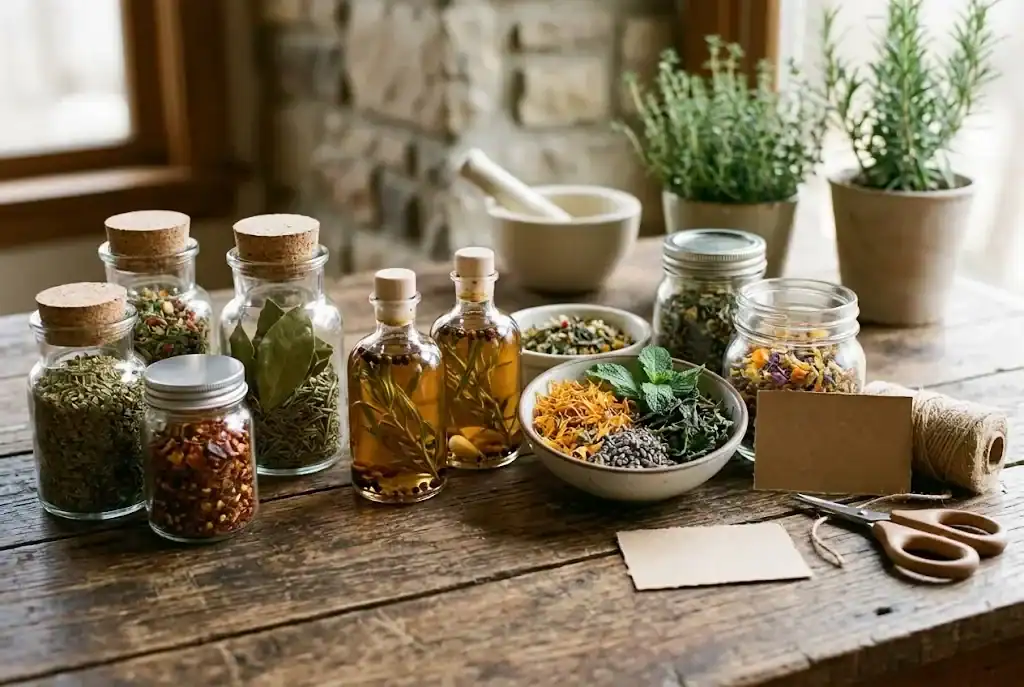 Glass jars of dried herb blends, herbal vinegar bottles, loose herbal tea, and blank craft-paper recipe cards