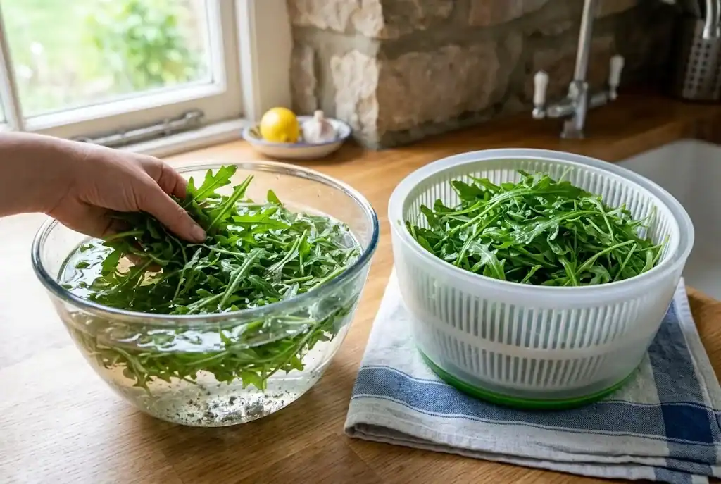 Freshly harvested rocket leaves submerged in cold water and spun dry in a salad spinner