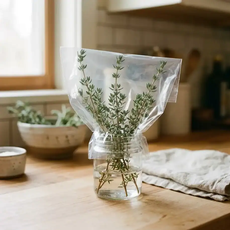 A small glass jar holding a few fresh thyme stems upright in an inch of water, lightly tented with a plastic bag