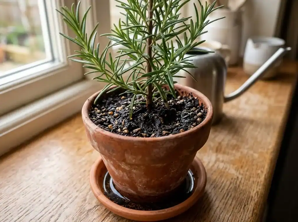 A potted rosemary plant freshly watered with a small drip tray beneath the terracotta pot, illustrating soak-and-dry watering