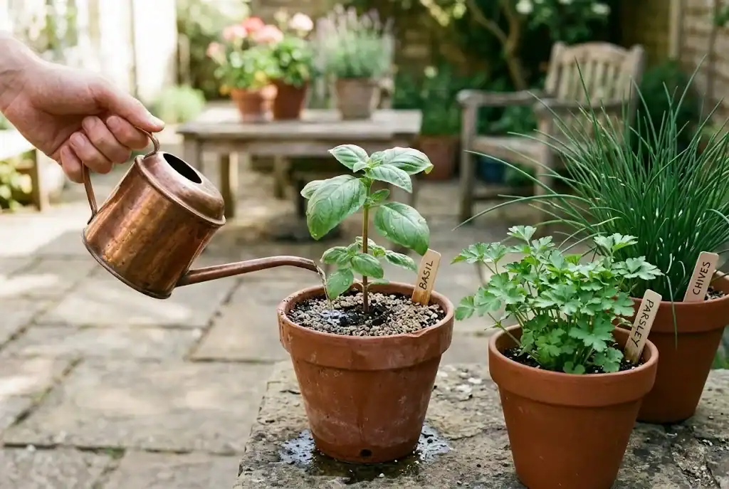 A small long-spouted watering can tipped gently over a clay pot of young basil on a sunny patio