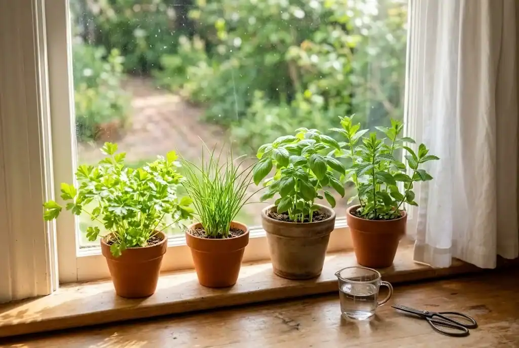 Four small pots of parsley, chives, basil, and mint lined up on a kitchen windowsill with a white curtain and soft daylight