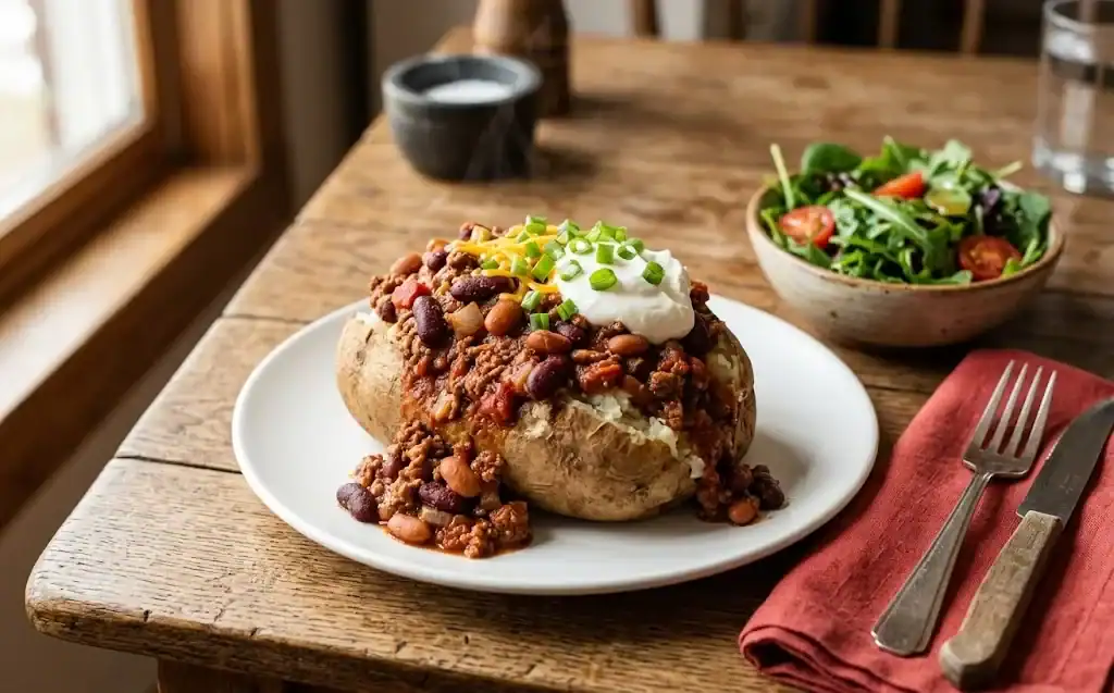 A baked potato split open and topped with chili, sour cream, and cheese, with a green side salad beside it