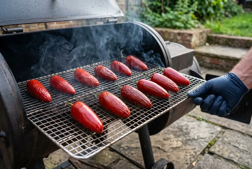 Ripe red jalapeno peppers smoke-drying into chipotle on a stainless rack inside a small backyard offset smoker