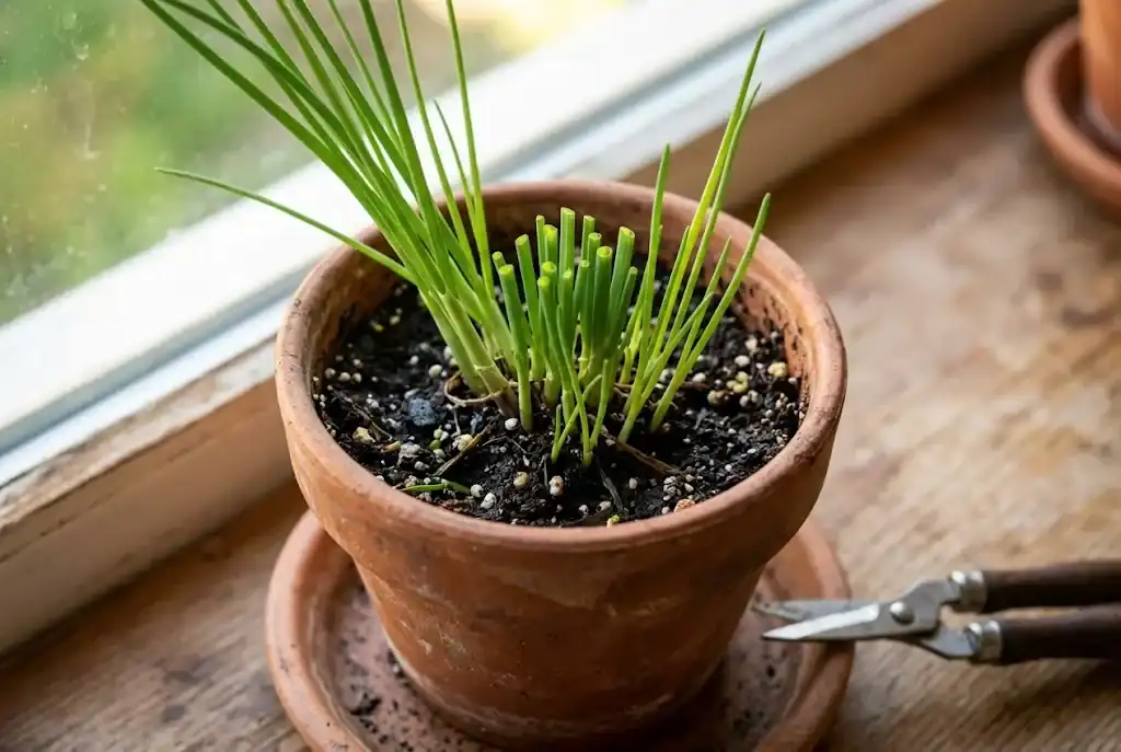 Chive plant in a terracotta pot with leaves cut back to 5 cm and new shoots emerging