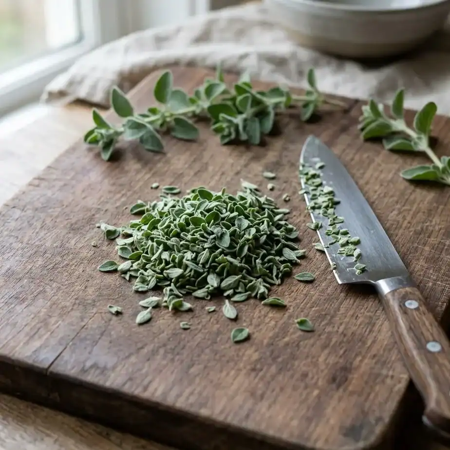 A small pile of finely chopped sweet marjoram leaves on a wooden cutting board with a chef's knife