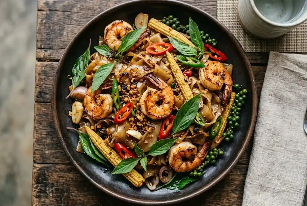 Plate of spicy Thai drunken noodles pad kee mao with wide rice noodles, shrimp, and wilted basil leaves