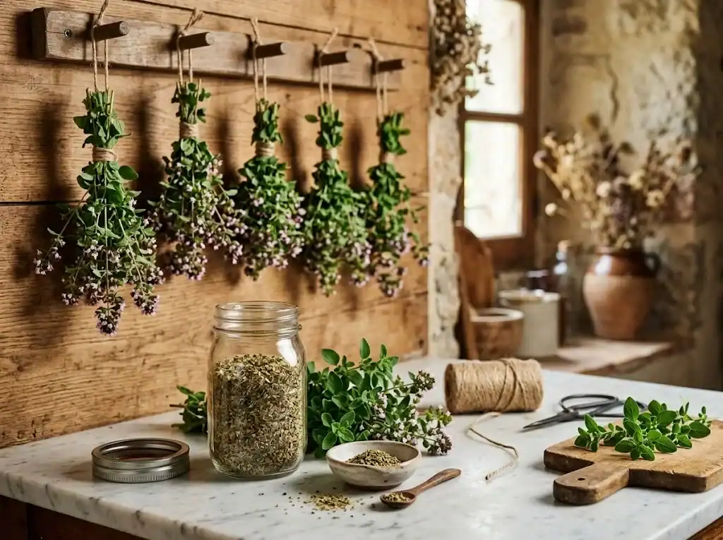 Bundled oregano sprigs hanging to dry beside crushed dried oregano in a glass jar