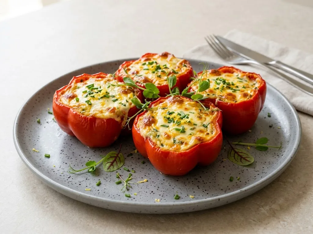 Baked Bishop's Crown peppers stuffed with melted seasoned cream cheese and fresh herbs on a ceramic platter
