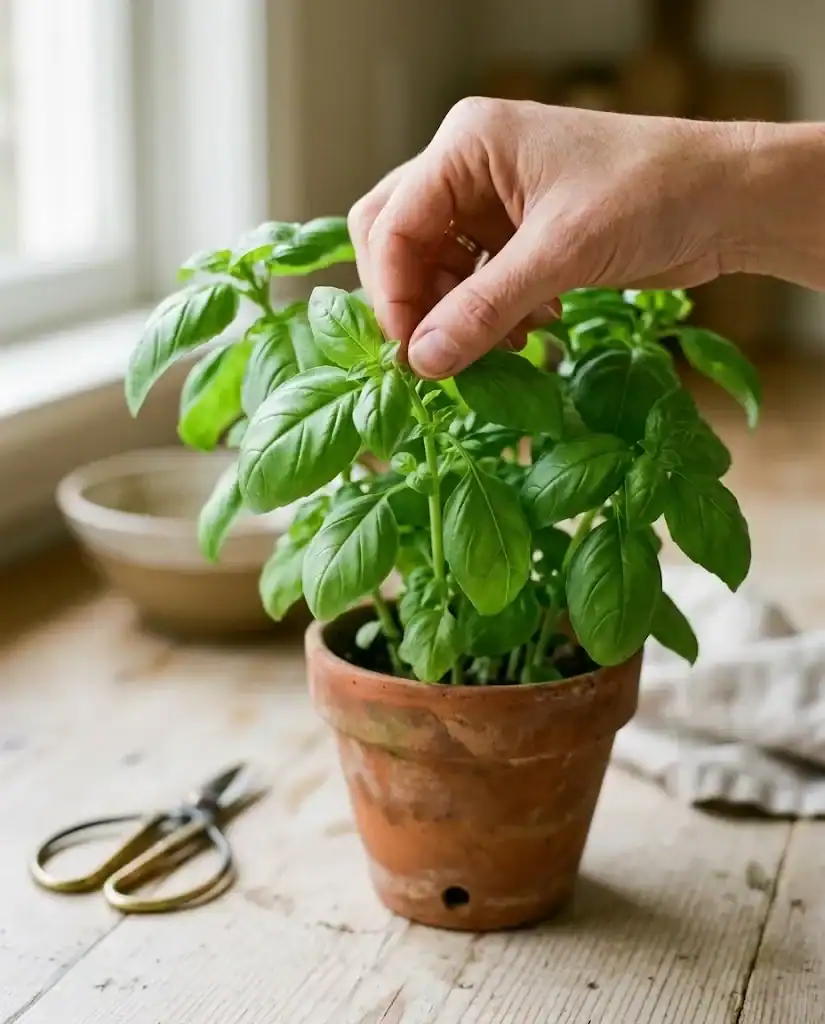 A hand pinching fresh basil leaves from the top of a healthy indoor basil plant