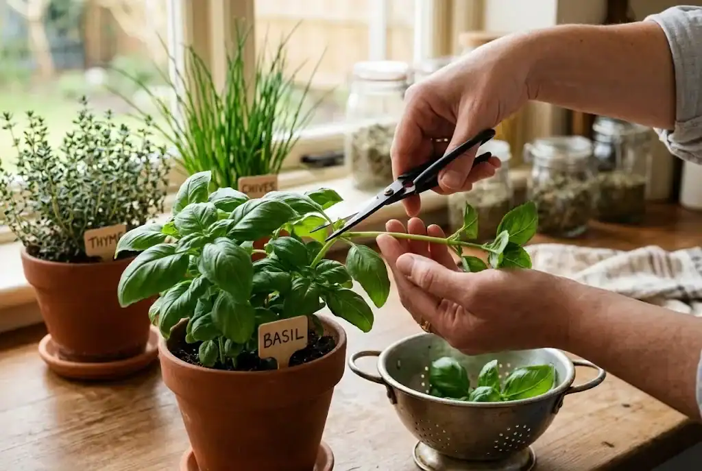 A hand snipping a basil stem just above a pair of opposite leaves with small kitchen scissors in warm kitchen daylight