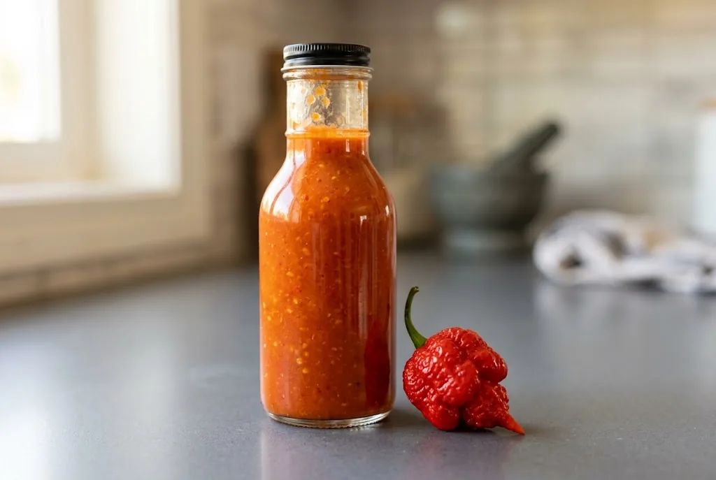 Glass bottle of fiery homemade Trinidad Scorpion hot sauce alongside a fresh ripe red scorpion pepper pod on a kitchen counter
