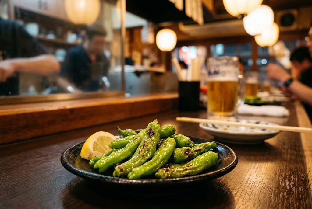 A small ceramic plate of blistered shishito peppers at a Japanese izakaya counter with warm lantern glow