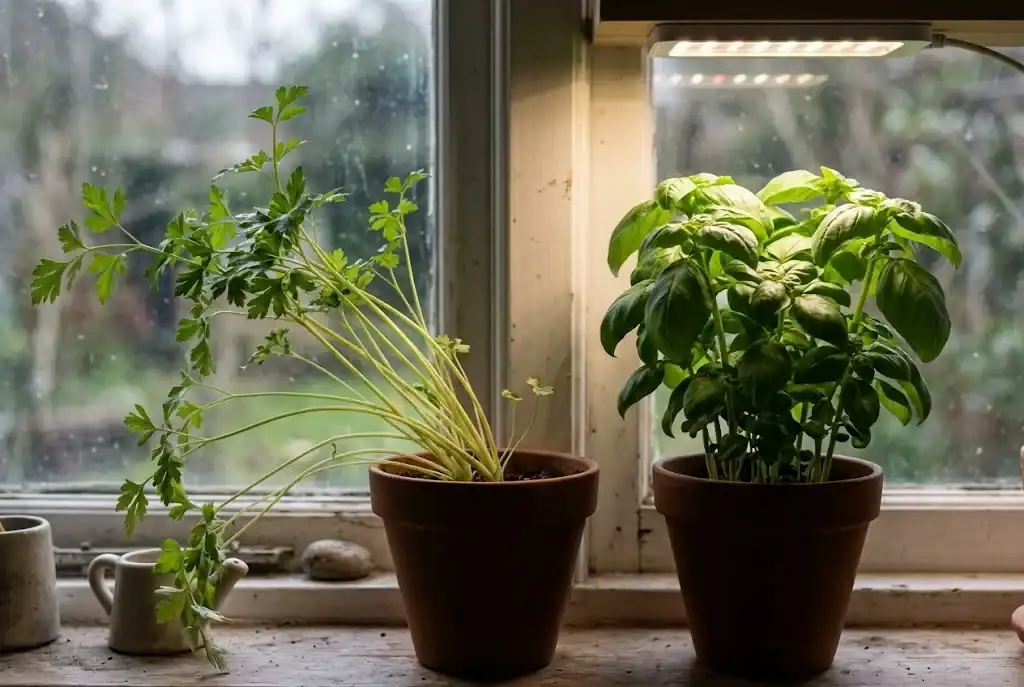 Side by side comparison of a leggy pale herb and a healthy compact herb on the same windowsill