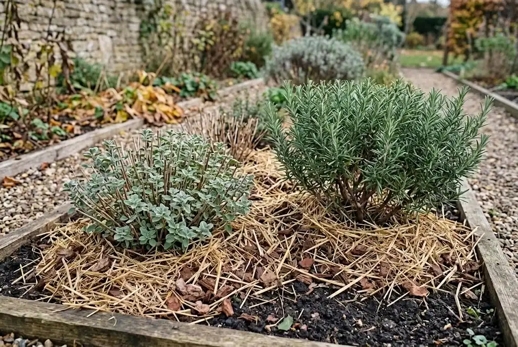Protective organic straw and bark mulch layer covering perennial herb roots for winter protection
