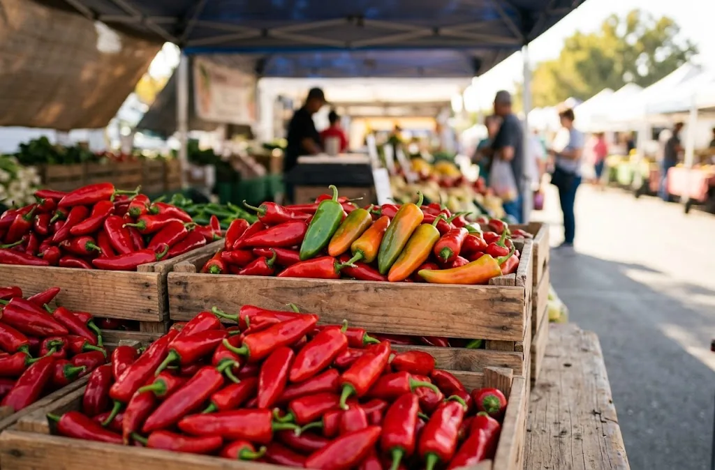 Ripe red Fresno peppers in produce crates at a California farmers market