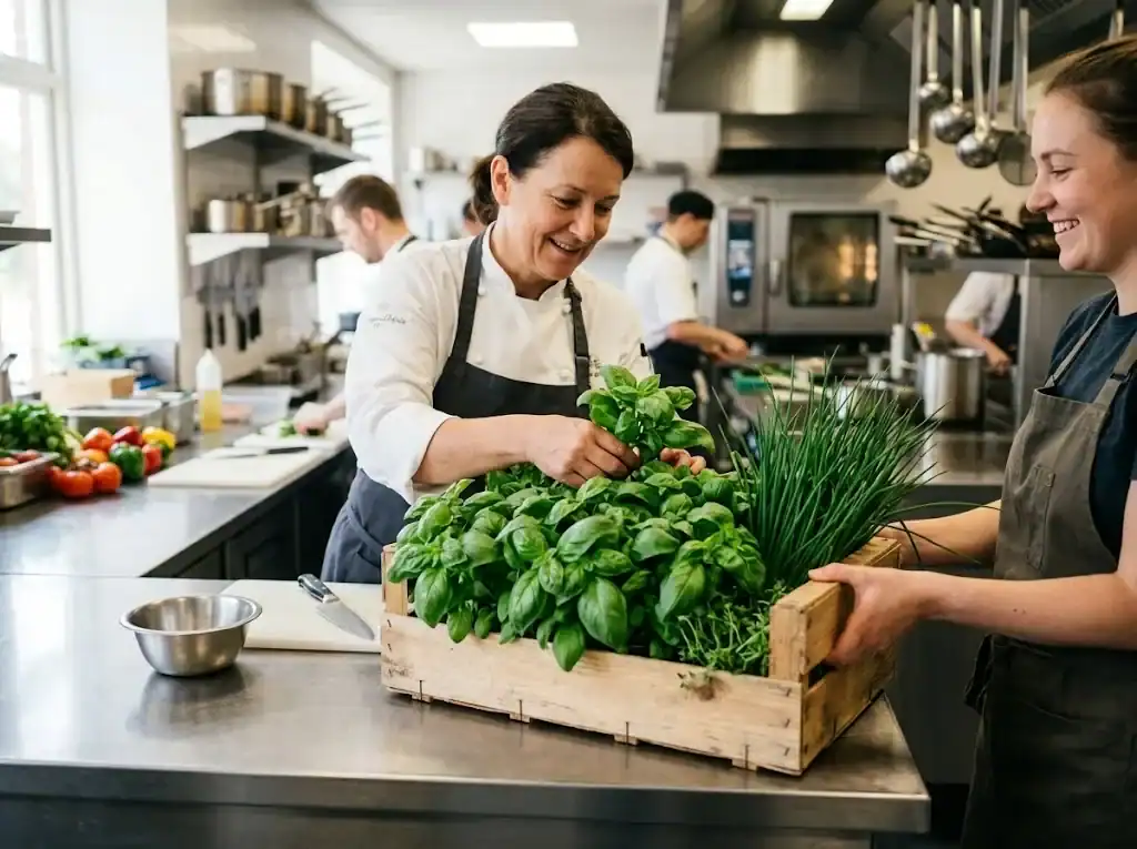 Commercial restaurant kitchen counter with a delivery crate of fresh sweet basil and chives