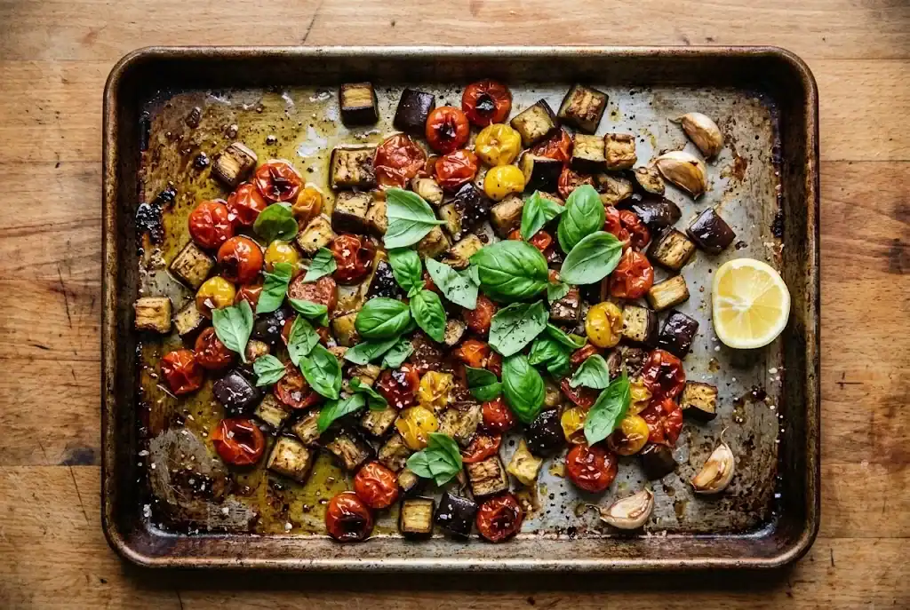 A sheet pan of roasted cherry tomatoes and cubed eggplant finished with torn basil leaves