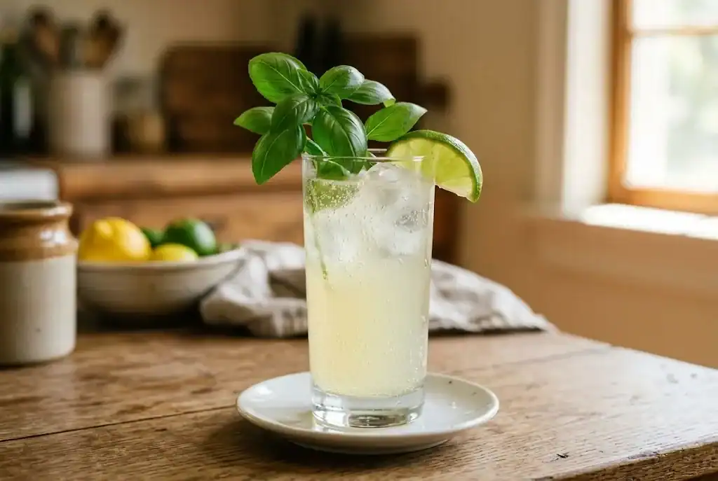 A tall glass of sparkling lemonade with a sprig of fresh basil and a lime wedge on the rim
