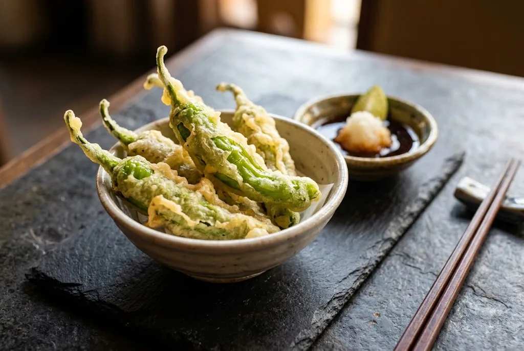 A small ceramic bowl of golden tempura-battered shishito peppers with tentsuyu dipping sauce