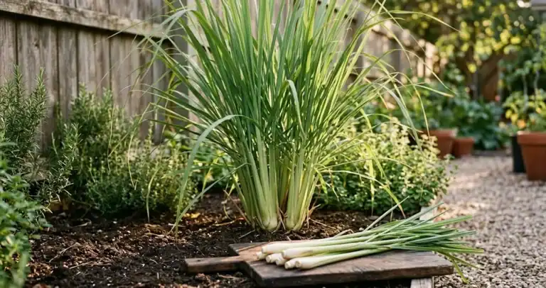 A mature lemongrass clump in a sunny backyard bed at golden hour, with several thick pale green stalks lying across a wooden cutting board in the foreground