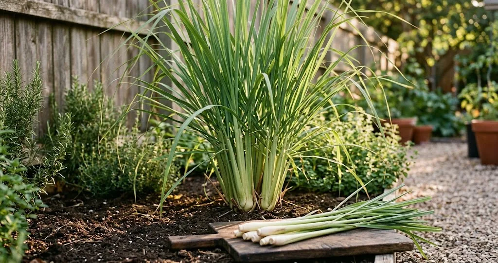 A mature lemongrass clump in a sunny backyard bed at golden hour, with several thick pale green stalks lying across a wooden cutting board in the foreground