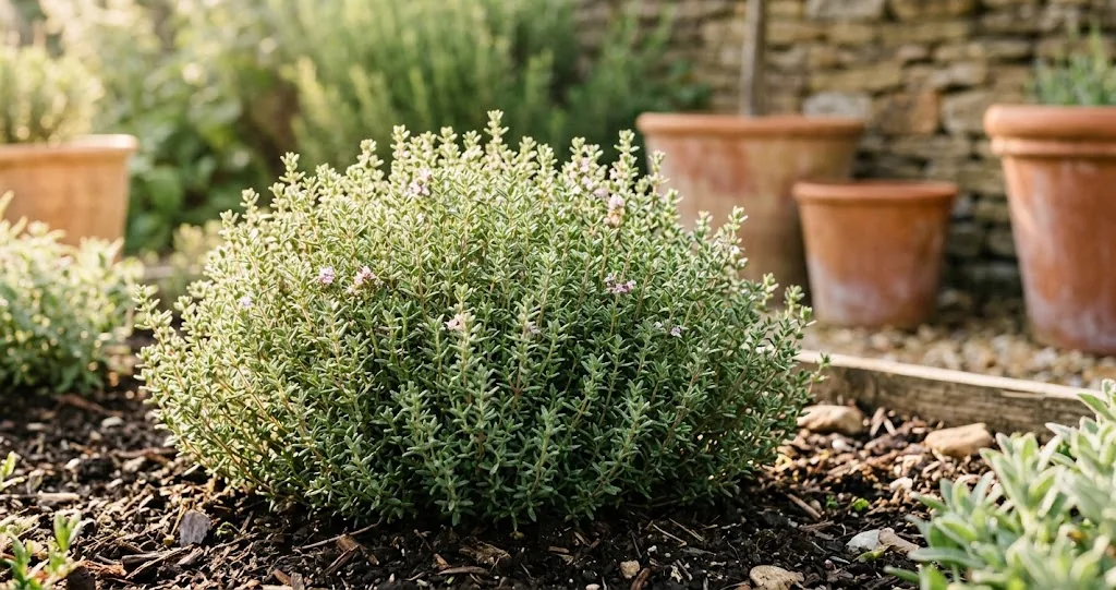 Lush culinary thyme bush growing in a sunny herb garden beside terracotta pots