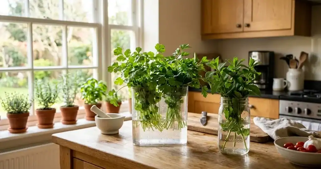 Assortment of fresh herb containers including an upright acrylic keeper, mason jars, and windowsill terracotta pots on a sunlit kitchen countertop
