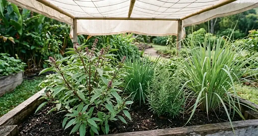 A lush tropical herb bed with Thai basil, lemon grass, garlic chives and rosemary under a shade cloth in warm morning light