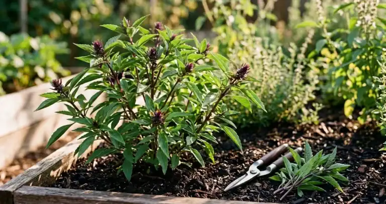 Thriving Thai basil plant with purple stems and lush green leaves in a sunny backyard garden raised bed