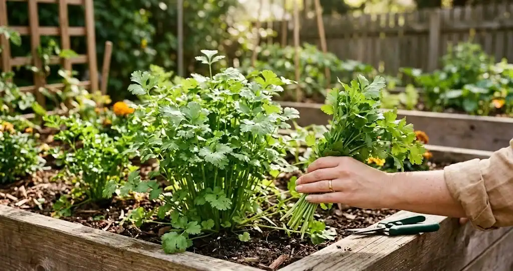 Fresh cilantro stems being cut from a leafy coriander plant in a home garden